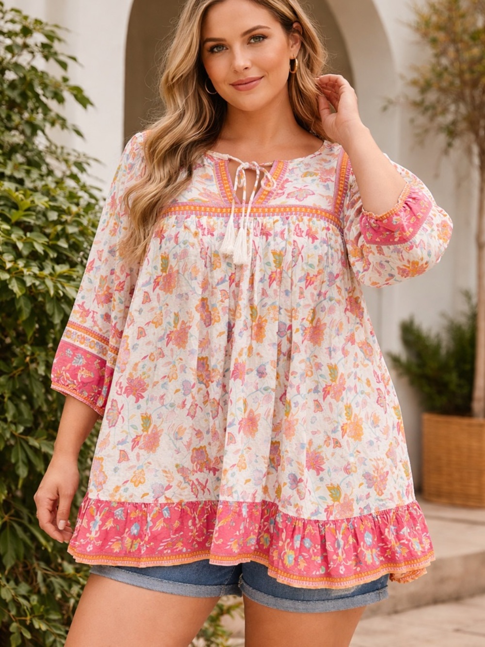 Rachel Zoe Floral Tie-Front 3/4 Wide Elastic Sleeve Tunic Top Size 1X